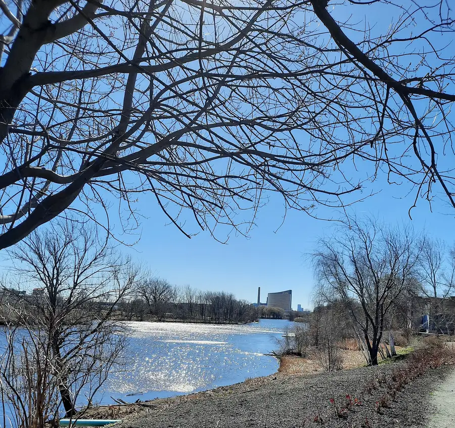 Malden River and Encore Boston Harbor viewed from Medford